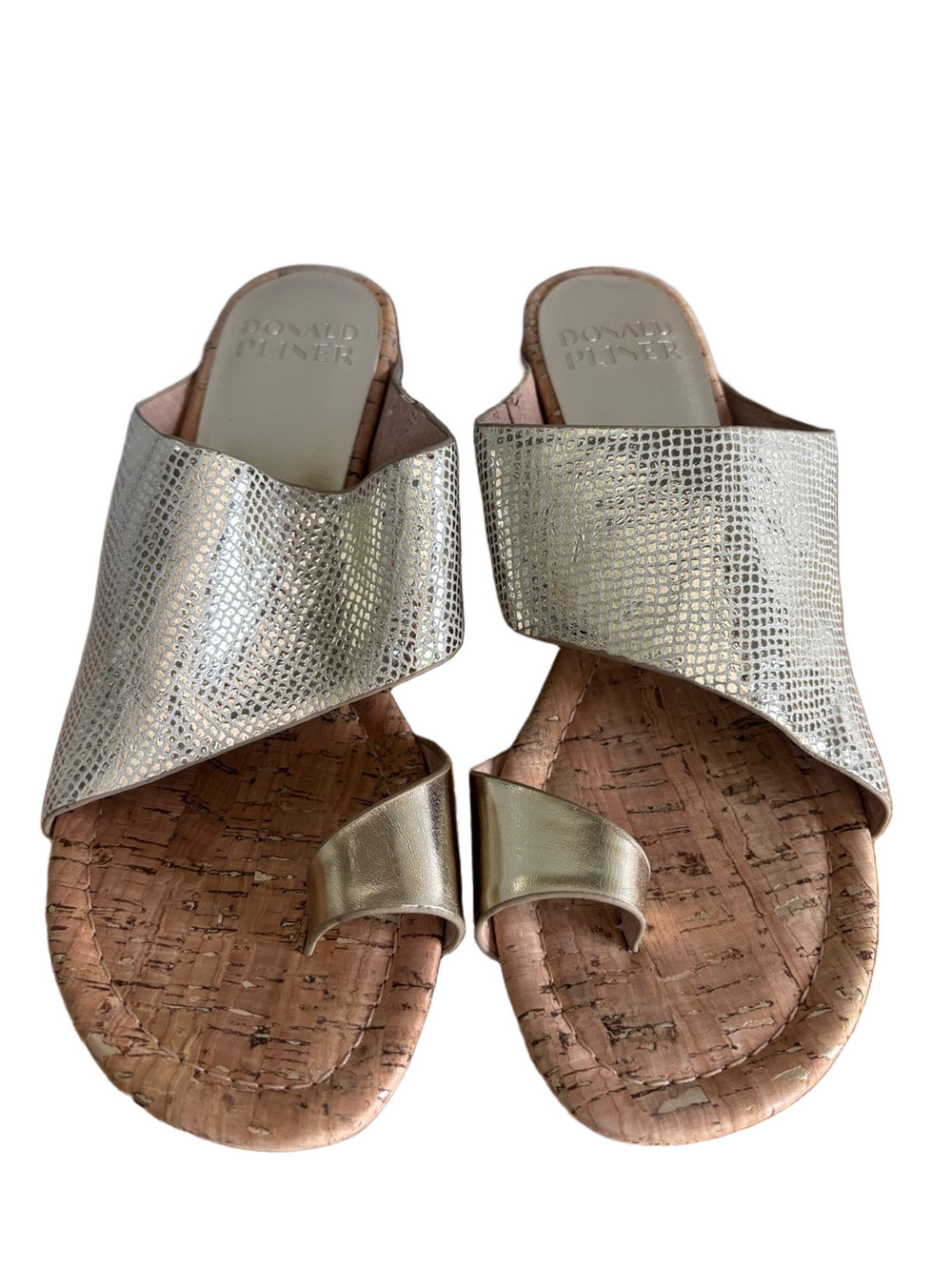 Donald Pliner Gemmy Gold Metallic Lizard Suede Cork Wedge Sandals size 8.5